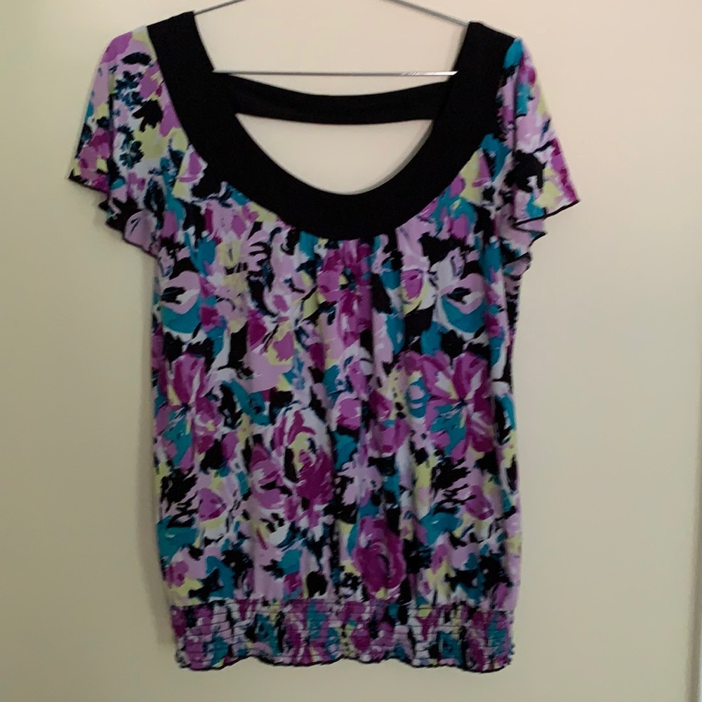 AB Studio Purple Flowered Flutter Sleeve Blouse